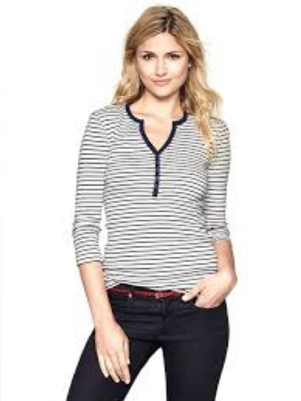 GAP Striped notch henley Striped Quarter-Sleeve Henley Top - Women